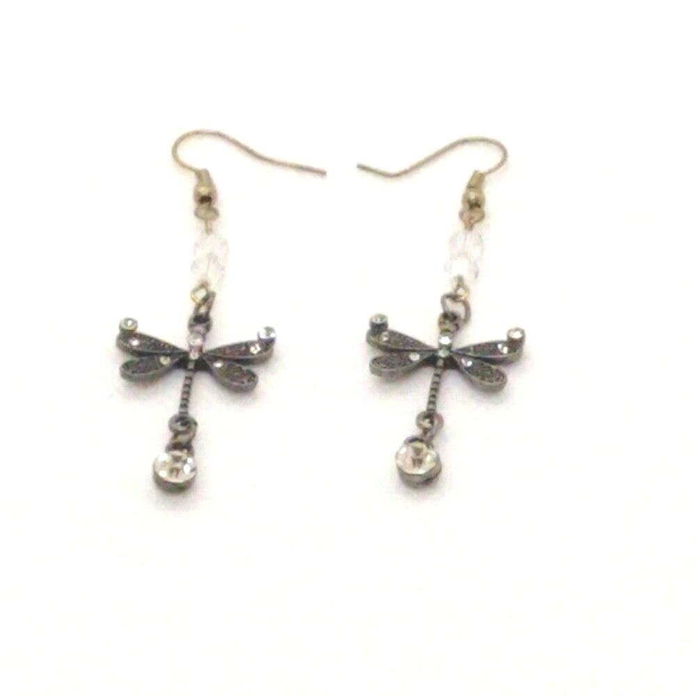 Brass and Rhinestone Dragonfly Earrings Fish Hook Ear Wires